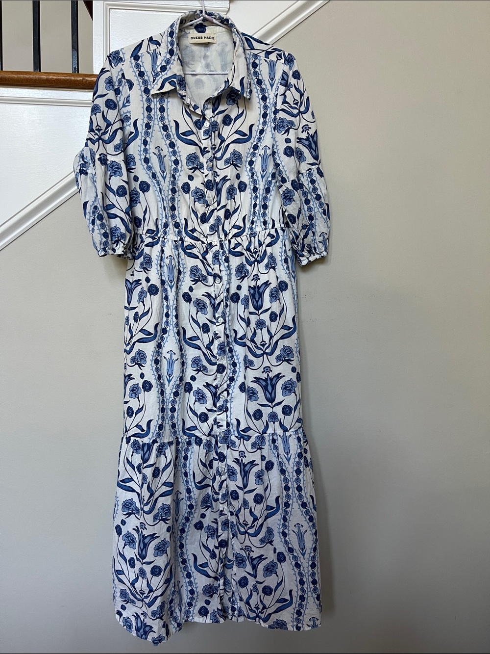Euro summer 100% Cotton Dress Nado Blue white Floral Midi Shirt Dress Puff Sl L